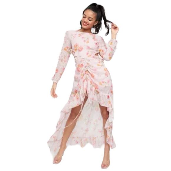 DARK PINK London Floral Print Ruffle  Waist Cut-out Long Sleeves Open Back Sz S - Picture 10 of 10